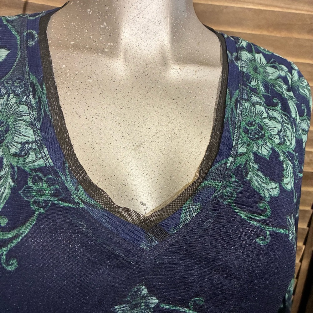Axcess Floral V-Neck Long Sleeve Top Green/Blue Lace Trim Boho-Chic Size Large - Picture 3 of 9